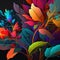 Original floral design with exotic flowers and tropic leaves. Colorful flowers on dark background closeup