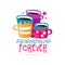 Original friendship logo template with three cups of tea and lettering. Abstract vector design for interest club