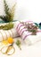 Original gift wrapping idea for Christmas. Recycled paper, colored wool threads and juniper twigs. Sustainable lifestyle
