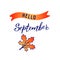 Original hand lettering Hello September and seasonal symbol maple leaf