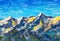 Original handmade oil painting, beautiful Sunny mountains and blue sky. Palette knife artwork. Impressionism. Art.