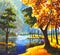 Original handpainted Oil Painting sunny big autumn orange tree, Green Pine Tree on canvas - colorful trees, blue mountain river