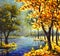 Original handpainted Oil Painting sunny big autumn orange tree, Green Pine Tree on canvas - colorful trees, blue mountain river