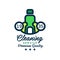 Original linear logo design with green detergent bottle for house cleaning. Premium quality services. Flat vector