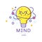 Original logo with light bulb in linear style. Mind energy. Concept of creative process, idea generation. Colorful