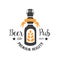 Original logo template for pub. Colorful emblem with bottle of beer, wheat branch and ribbon. Alcoholic beverage. Vector