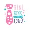 Original mini boss logo design. Abstract decorated pink tie and hand drawn lettering. Colorful flat vector illustration