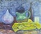 Original oil on canvas still life of pottery