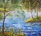 Original Oil Painting on canvas - colorful shore with birches, trees on river bank painting - Modern impressionism art.