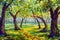Original oil painting on canvas wood park road sunny landscape modern artwork