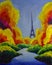 Original oil painting of Eiffel tower paris. Dream. Autumn, green, blue. Illustration.