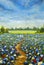 Original oil painting Road in blue white and red chamomile flower field