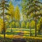 Original oil painting spring trees on canvas. Beautiful spring in forest, shadows on road landscape Modern impressionism artwork