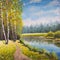 Original oil painting summer landscape, sunny nature on canvas. Beautiful far forest, rural landscape landscape. Modern impressio