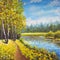 Original oil painting summer landscape, sunny nature on canvas. Beautiful far forest, rural landscape. Modern impressionism art