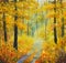 Original oil painting sunny forest landscape, beautiful solar road in the woods on canvas. Road in the autumn forest.