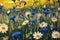 Original oil painting of white daisies flower blue cornflowers flowers