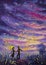 Original Painting abstract man and woman are dancing on sunset. Night, nature, landscape, purple starry sky, romance, love, feelin