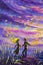 Original Painting abstract man and woman are dancing on sunset. Night, nature, landscape, purple starry sky, romance, love, feelin