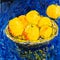 Original painting Golden apples in a vase on a blue background. oil on canvas 30 x 30 cm