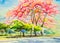 Original painting landscape colorful of wild himalayan cherry flower tree