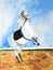 Original painting of white horse rearing in sand