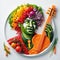 Original portrait of a musician laid out on a white plate of vegetables, spices and fruits, created using artificial intelligence