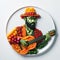 Original portrait of a musician laid out on a white plate of vegetables, spices and fruits, created using artificial intelligence