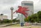 The original red Pegasus horse, restored and placed on a rotating oil derrick, Dallas, Texas