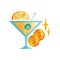 Original retro icon with martini glass with olive, slice of orange, golden coins and stars. Vector element for casino