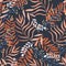 Original seamless pattern with bright tropical plants and leaves on black background. Vector design. Jungle print. Printing and te