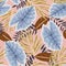 Original seamless pattern with colorful tropical leaves on beige background. Vector design. Jungle print. Floral background.