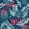 Original seamless pattern with tropical leaves on a dark background. Vector design. Jungle print. Printing and textiles.