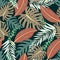 Original seamless pattern with tropical plants on beige background. Vector design. Jungle print. Printing and textiles.