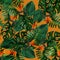 Original seamless tropical pattern with Strelitzia and leaves on lush lava background. Seamless pattern with colorful leaves of