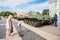 Original soviet tanks of World War II on the city action, dedicated to the Day of Memory and Grief on Palace Square