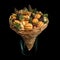 Original sweet gift in the form of a bouquet consisting of dried fruits, cookies and nuts, standing in a glass vase on a black bac