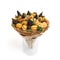 Original sweet gift in the form of a bouquet consisting of dried fruits, cookies and nuts, standing in a glass vase on a white bac