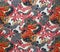 Original textile fabric ornament of the Modern style. Chinese red dragon