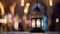 Original traditional ornate oriental lantern with beautiful bokeh of holiday lights at background, Muslim, Ramadan