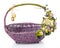 Original wicker basket of purple for Easter. Floral decor in olive tones with beige flowers, greens and hanging decorative eggs