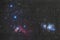 Orion`s belt in the winter sky, stars Alnitak, Alnilam, Mintaka, Horsehead Nebula, Orion Nebula