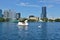 ORLANDO, FL -21 JUN 2020- View of swan boats at Lake Eola Park, a central lake in downtown Orlando, Florida, United States