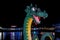 Orlando, Florida, December 2017: Night view of Colorful Lego Loch Ness Dragon Monster at Lake Buena Vista