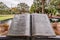 ORLANDO, FLORIDA, USA - DECEMBER, 2018: Sculpture of a book with the beautiful story of the Fantasy Swan at Eola Park, Downtown