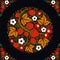 Ornament in a circle and corners with summer motifs, flowers and berries in the style of Russian Khokhloma painting