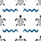 Ornament of waves and turtles drawn with a brush. Seamless pattern.