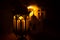 Ornamental Arabic lantern with burning candle glowing at night. Festive greeting card, invitation for Muslim holy month Ramadan