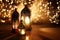 Ornamental Arabic lanterns with glittering bokeh lights. Burning candles on table glowing at night. Festive greeting