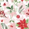 Ornamental Christmas seamless pattern with hand painted watercolor winter plants, pine tree branches, red poinsettia flower,